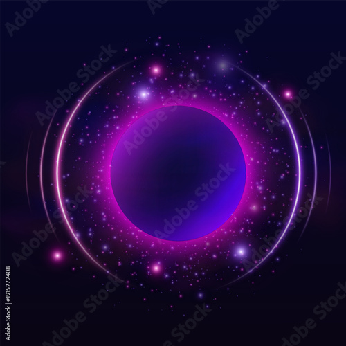 Purple neon halo sphere with gradient smoke and sparks, glowing rings with flare lights on dark background vector design