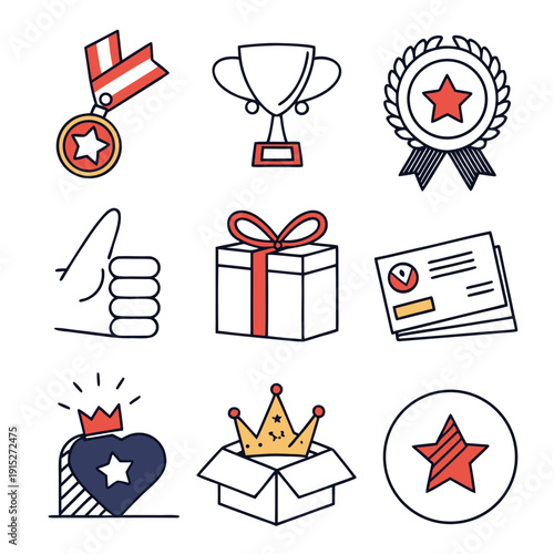 Staff motivation rewards set with medal trophy and gift rosette star