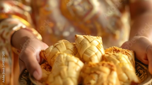 Woman Holding Tray of Golden Pastries.