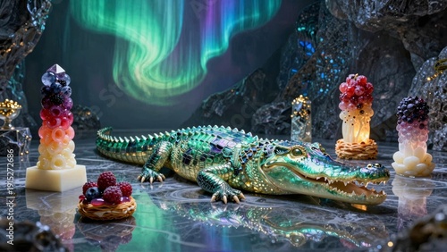 Futuristic crocodile in neon light cave