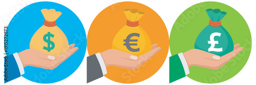 Hands holding money bags, currency symbols dollar euro pound, finance vector set, business illustration, banking concept, financial growth, money management design