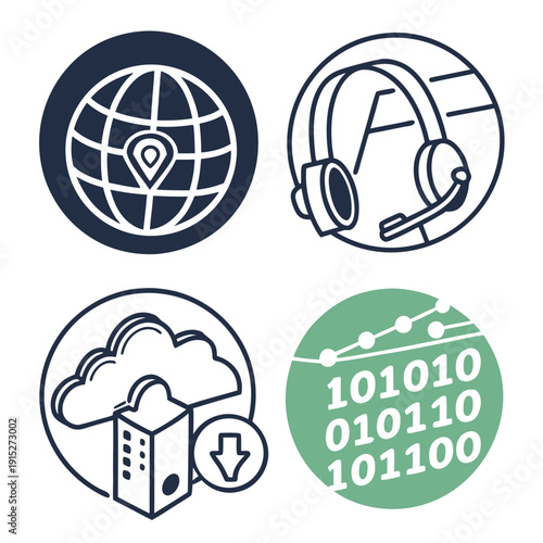 Virtual environment globe headset cloud server binary code