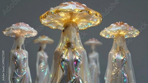 Colorful glass sculptures with faces in the center