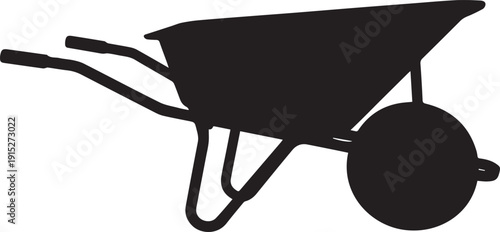 Black silhouette of a wheelbarrow isolated on white background, gardening and construction tool shadow illustration, minimal farm and industrial equipment design