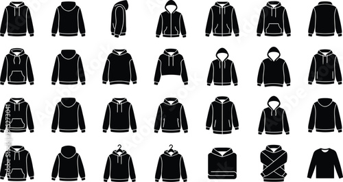 Black Hoodie Silhouette Vector Icon Set – Hooded Sweatshirt Clipart Collection