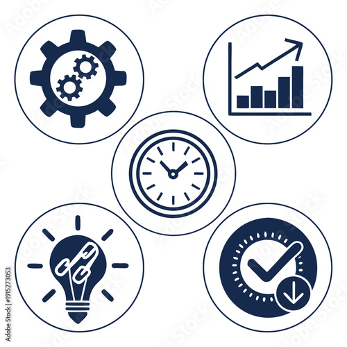 Workflow efficiency metrics clock gears graph lightbulb checklist