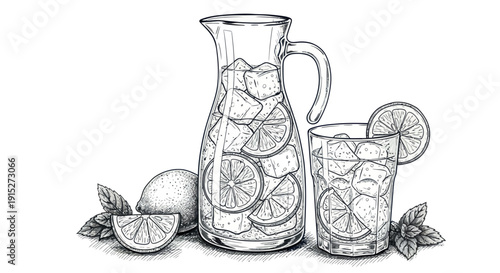 Refreshing lemonade with ice and fresh lemon slices in a pitcher and a glass, accompanied by mint leaves, perfect for summer drink menus or recipe publications