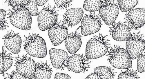 Seamless monochromatic sketch of delicious fresh strawberries in a repeating arrangement, ideal for food packaging, textile prints, culinary blog graphics, or healthy lifestyle marketing