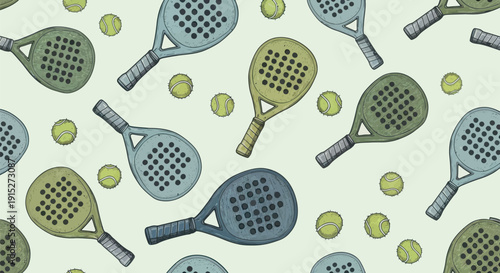 A seamless display of various paddle rackets and tennis balls arranged randomly across a light background, ideal for sports branding, textile prints, or engaging promotional materials.