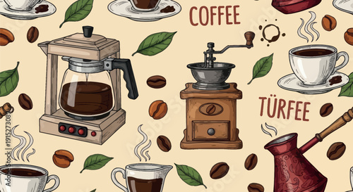 Handdrawn coffee essentials collection features brewing equipment, fresh beans, steaming cups, and coffee leaves, perfect for cafe menus, packaging, or decorative textiles.