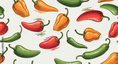 Vibrant assortment of hand drawn chili peppers in various colors and shapes creating a dynamic and spicy food background perfect for culinary websites or restaurant menus