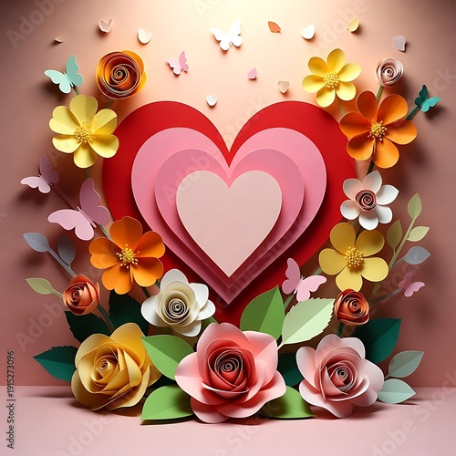 Layered Paper Heart with Colorful Floral Arrangement