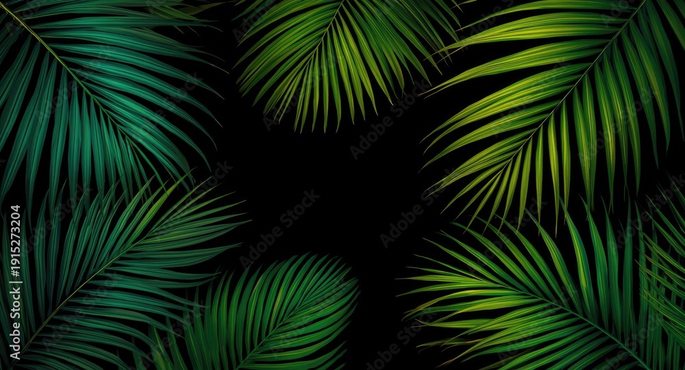 Obraz premium Vibrant tropical palm leaves illustration with black backdrop