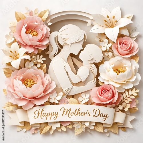 Paper Cut Mother's Day Embrace with Elegant Floral Accents