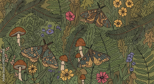 Intricate woodland scenery featuring detailed moths flying among various green plants, colorful wild blossoms, and earthy mushrooms, perfect for captivating naturethemed prints or