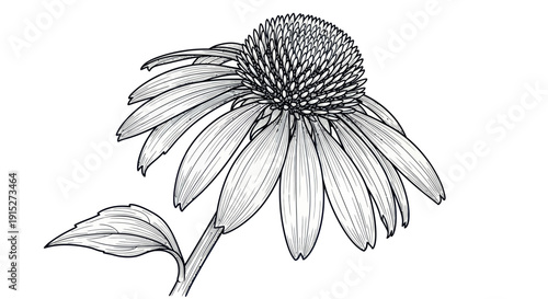 Elegant black and white line art of a coneflower showcasing its intricate petals and seed head, ideal for scientific publications, educational materials, or decorative prints