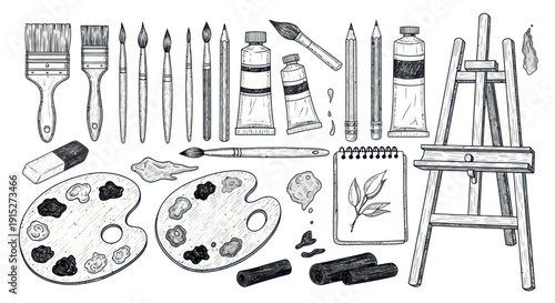 A detailed collection of essential artist instruments for drawing and painting, featuring assorted brushes, pencils, paint tubes, palettes, an easel, and a sketchpad, perfect for