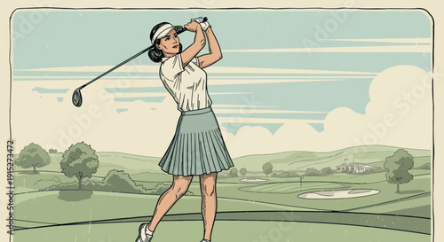 A determined woman skillfully swings her golf club on a scenic green golf course with bunkers and trees, perfect for lifestyle, sports, or recreational media projects.