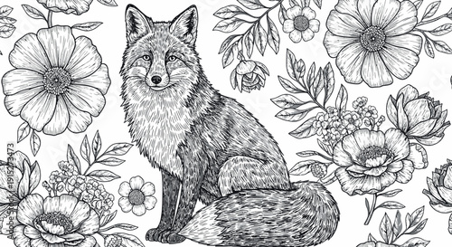 Detailed black and white line drawing of a majestic fox surrounded by an assortment of blooming flowers and natural foliage, perfect for a coloring book page or a sophisticated print for