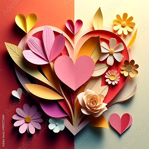 Heart-shaped Floral Composition in Paper Cut Style