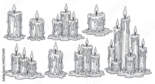 Collection of hand drawn melting candles with burning flames perfect for spooky Halloween projects spiritual themes or vintage themed event decorations