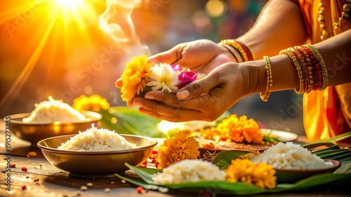 Woman Preparing Pongal with Flowers.