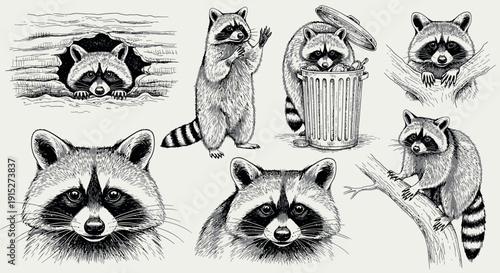 Collection of raccoons in different poses including peeking from a log, standing, rummaging in a trash can, and climbing a tree for nature and wildlife publications
