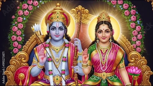 Ai generated image of lord rama and sita sitting on throne with floral background