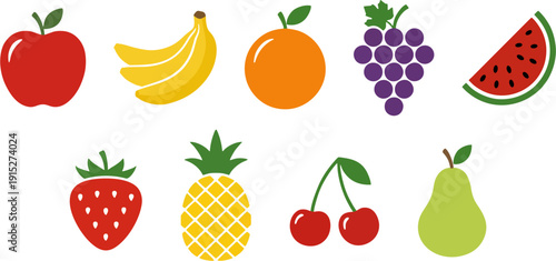Assorted Fruits Including Apple, Banana, and Pineapple Arranged in a Row on a White Background