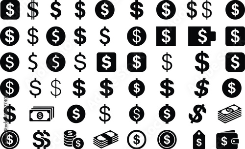  Black Dollar Sign Silhouette Vector Icon Set – USD Currency Symbol $ Clipart Collection