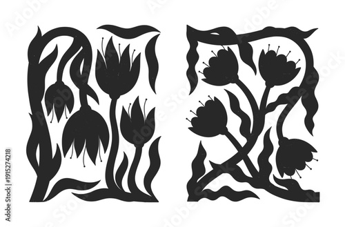Black and white flower silhouettes in linocut style.Vintage botanical print and antique printmaking illustration set.Dark romantic folk floral elements for prints,posters,wall art decor and patterns.