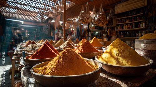 Sunlight and shadows dancing over colorful spice mounds in Marrakech, generative ai