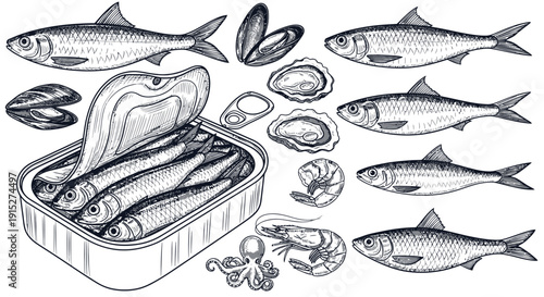 An appealing variety of seafood featuring fresh and canned sardines, mussels, oysters, shrimp, and octopus suitable for culinary publications, restaurant menus, and food packaging designs.
