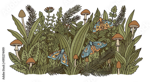 Woodland nature composition with vibrant moths and brown mushrooms nestled among dense forest foliage, excellent for textiles, prints, posters, and natural decor items.