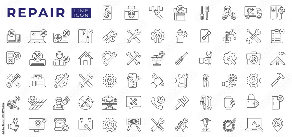 Obraz premium Set of Repair Tools and Maintenance Icons. Wrench, Screwdriver, Hammer, Mechanic Service Line Icon Collection