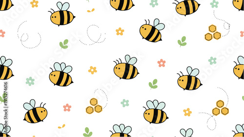 Seamless cute honeybee and blossom pattern featuring playful spring insects and pastel blooms for charming decorative craft and gift designs.