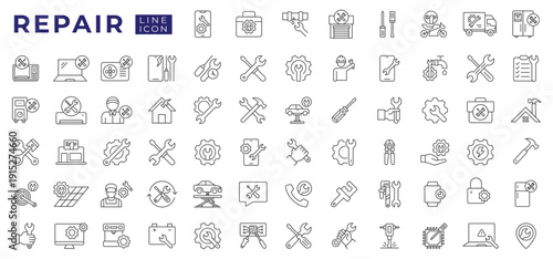 Set of Repair Tools and Maintenance Icons. Wrench, Screwdriver, Hammer, Mechanic Service Line Icon Collection