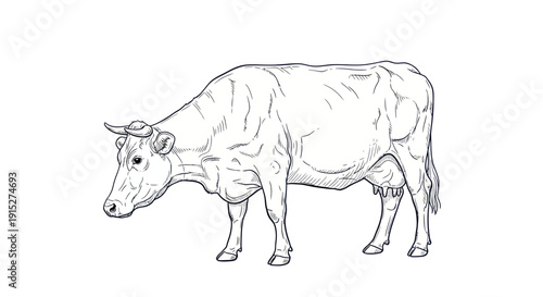 Black and white outline drawing of a standing dairy cow with horns, perfect for agricultural industry publications, farming education, or rural life themed projects and commercial branding.