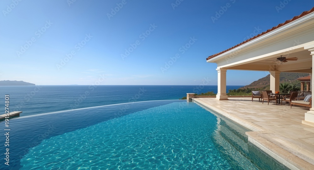 Fototapeta premium Upscale pool villa with adjacent empty patio zone near living quarters and expansive sea vista from deck