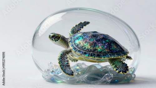 A glass dome with a turtle inside on the ground