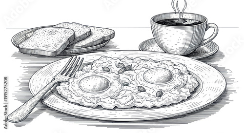 A rustic black and white engraving of a hearty breakfast including two fried eggs toast and steaming coffee perfect for food blogs menus and restaurant promotions