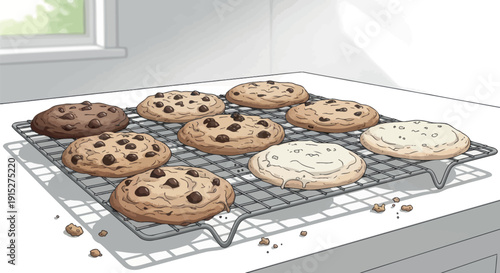 A tempting assortment of freshly baked chocolate chip and frosted sugar cookies cooling on a wire rack, perfect for food blogs, recipe features, and bakery promotions showcasing homemade