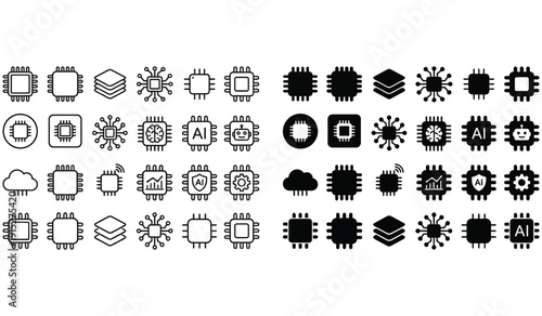 AI Processor Chip Icon Set Vector – Artificial Intelligence Microchip Symbols, CPU Circuit Icons Collection