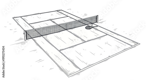 Sketchy handdrawn illustration depicting a table tennis court with a net, paddle, and ball, ideal for sports event promotions, educational materials, or graphic presentations