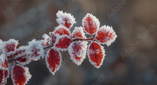 Early winter frozen red azalea leaves covered with sparkling hoarfrost