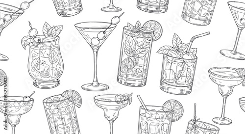 A continuous collection of various sketched alcoholic and nonalcoholic mixed drinks and cocktails in different glasses with garnishes perfect for menus packaging and beverage related themes.