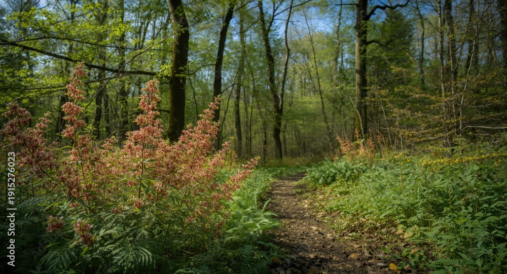 Fototapeta premium Natural summer forest setting with lush green canopy and clear sky highlighting blossoming plants