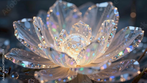 A delicate glass sculpture resembling a flower in bloom with shimmering reflections of light