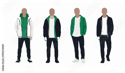 Four men in casual clothing minimalist fashion vector illustration set