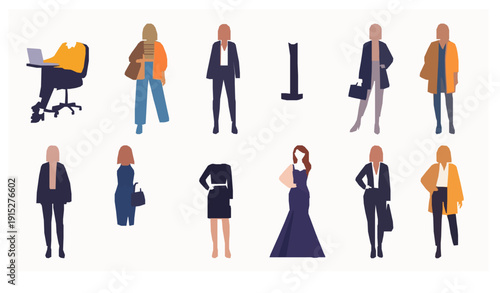 Stylish young women casual and formal fashion lookbook vector set